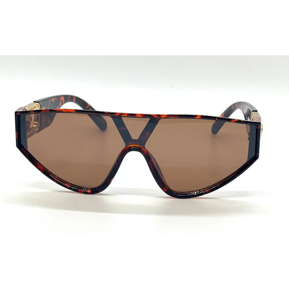 Flat Top One Piece Shield Round Bottom Side Coin Hip Hop Sunglasses Tortoise New